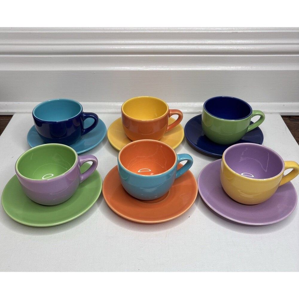 Pagnossin Espresso Cups and Saucers set of 6, vibrant colors Made in Italy
